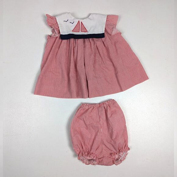 Vtg 80s Polly Flinders Dress Girls Sz 24m Red Stripe Nautical Sailor Boat - Picture 1 of 4